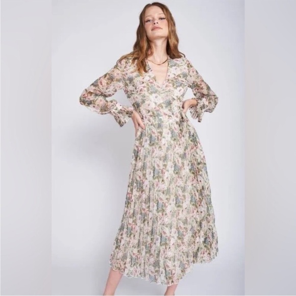 EN SAISON fleur midi dress long sleeve floral wrap pleated romantic size M - Picture 1 of 16